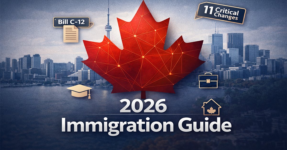 "Create a modern, professional blog thumbnail featuring: A stylized Canadian maple leaf in the center with a gradient from red to deep burgundy. Overlay the maple leaf with subtle geometric lines suggesting pathways or connections, symbolizing immigration routes. In the foreground, include clean, bold text reading '2026 Immigration Guide' in a contemporary sans-serif font (white or light gray). Add small icons around the edges representing key themes: a document/paper for Bill C-12, a graduation cap for students, a briefcase for workers, and a house for permanent residence. Background should feature a soft-focused cityscape of Toronto or Vancouver skyline in muted blue tones. Include a small '11 Critical Changes' badge in the top right corner. Color palette: Canadian red, white, navy blue, and gold accents. Design should feel authoritative yet accessible, with clean lines and proper spacing. Aspect ratio 16:9, high contrast for thumbnail visibility, professional and trustworthy aesthetic suitable for an immigration information blog."