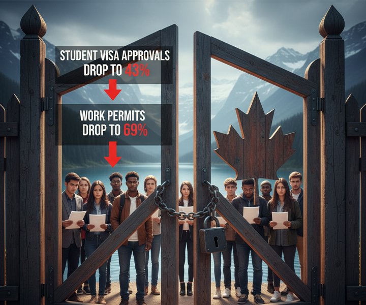 Canada Narrows the Gate: Student Visa Approvals Drop to 43%, Work Permits to 69%